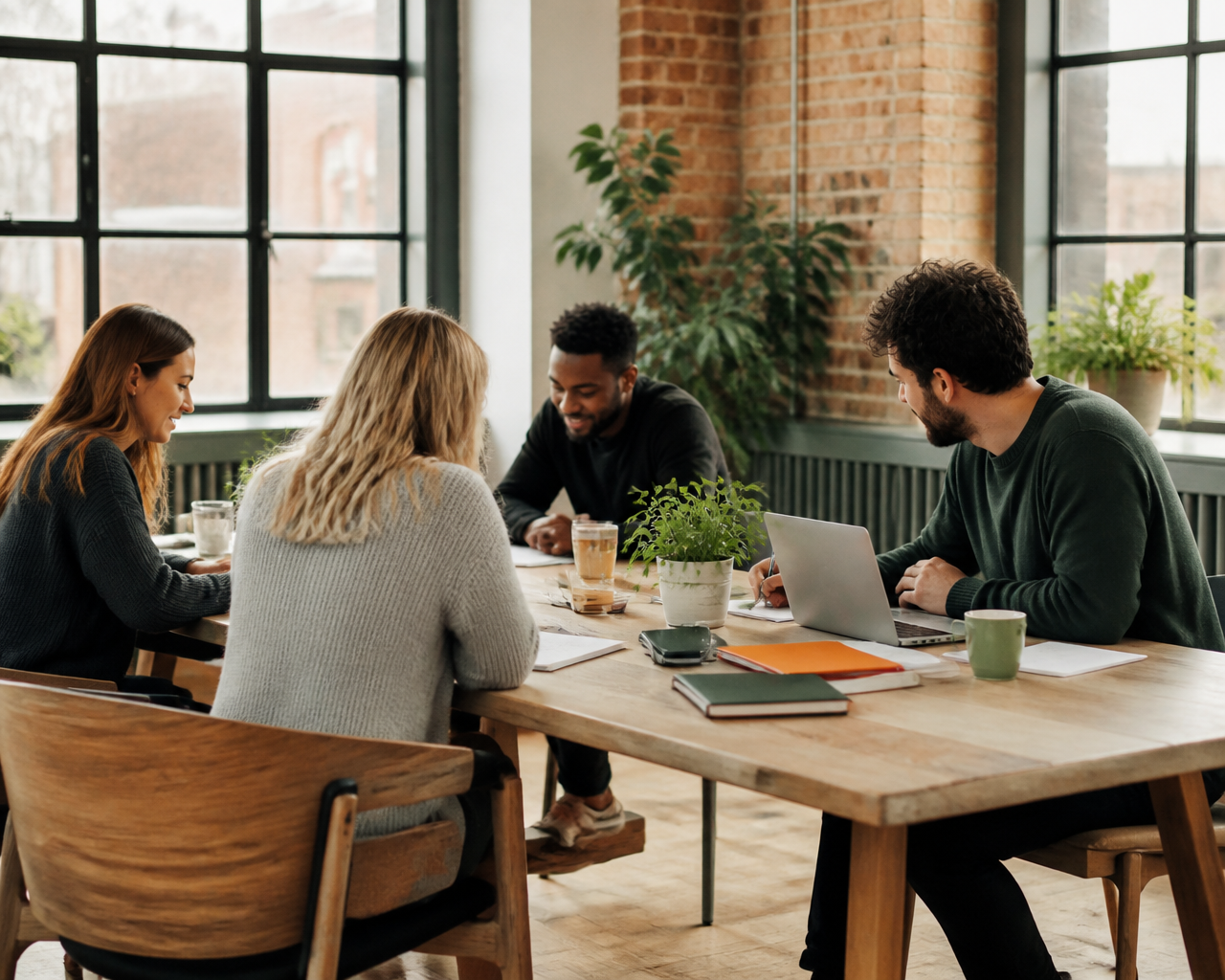 Four professionals collaborating around a table in a bright office